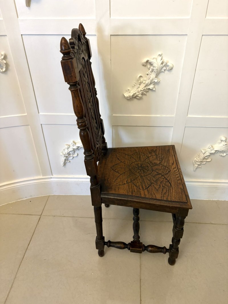 Antique Pair of Quality Carved Oak Side/Hall Chairs